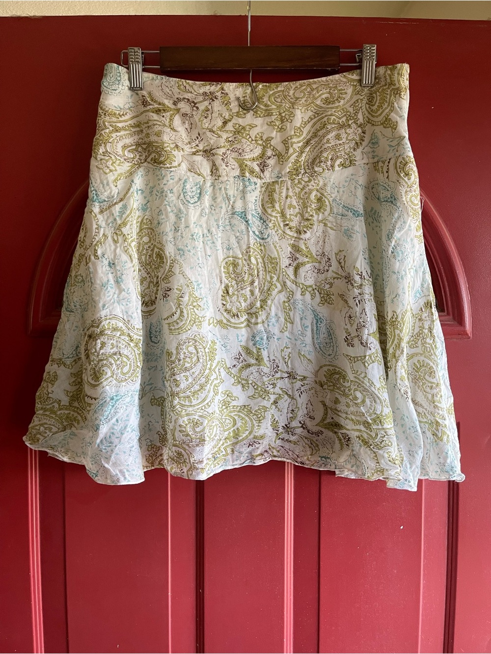 julie's closet Cream Paisley A-Line Mini Skirt with Olive and Pale Blue Accents